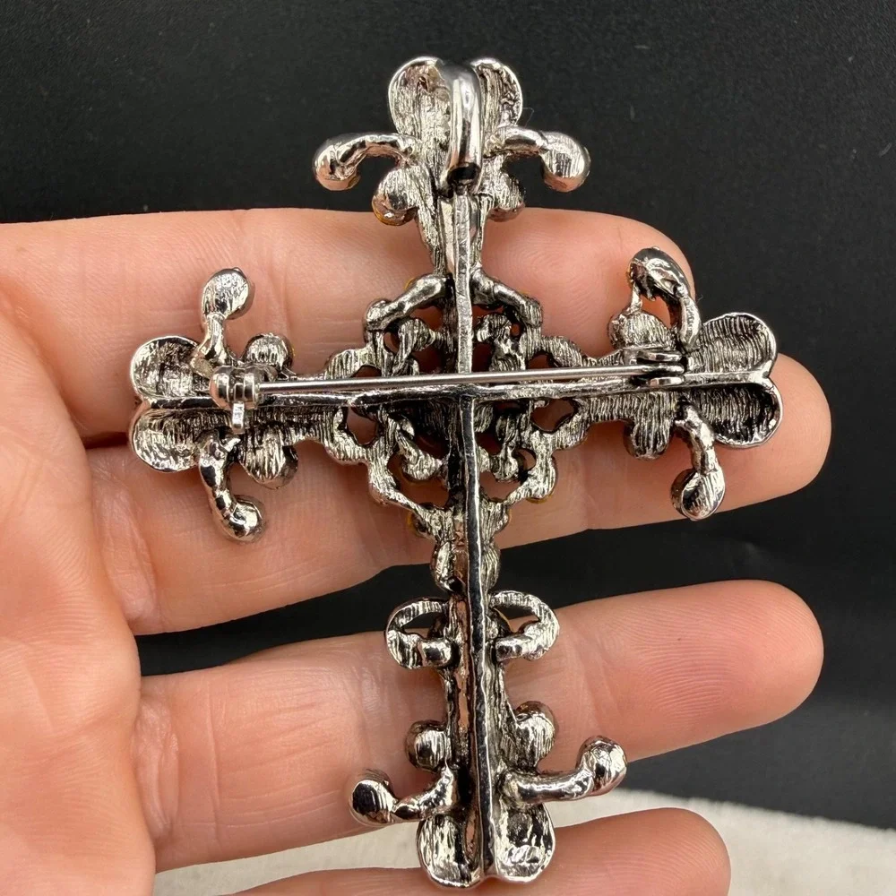 Rhinestone Cross Brooch Silver Tone Purple Pink Pendant Bale